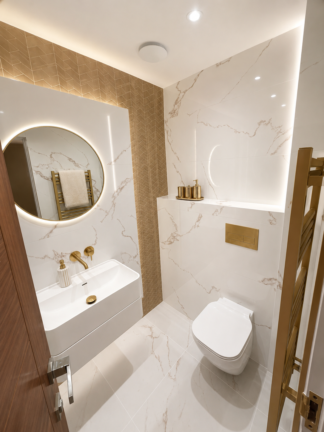 Marble luxury bathroom with concealed cistern, brushed brass towel rail and integrated lighting