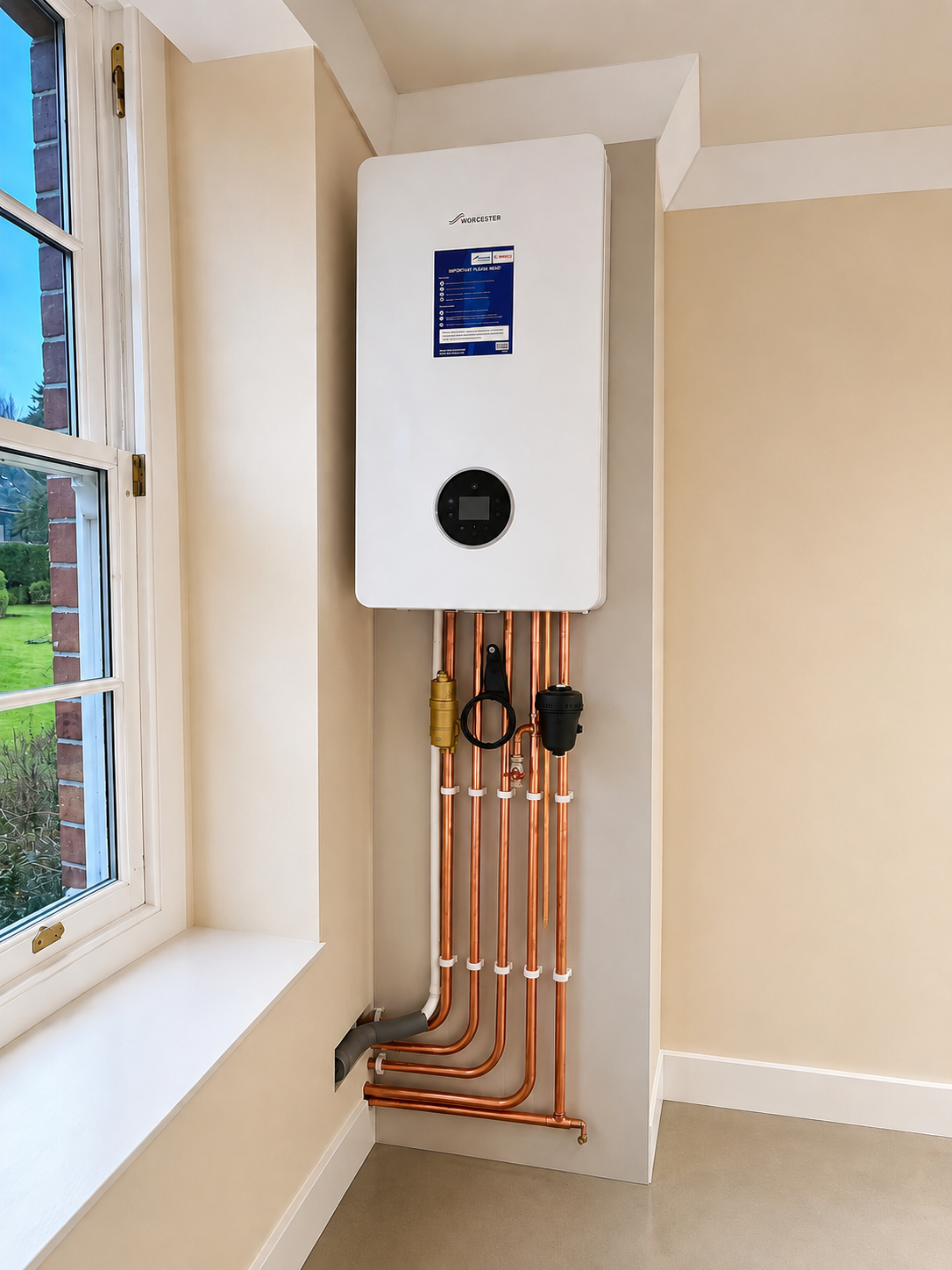 Worcester Bosch boiler with symmetrical copper pipework, isolation valves and magnetic filter