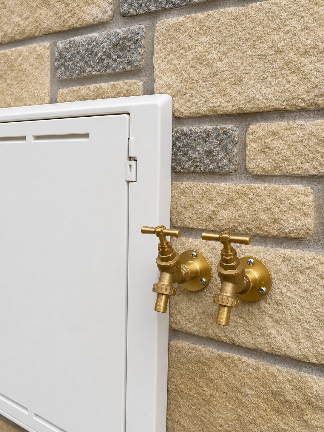 Two brass external bib taps mounted on dressed stone wall beside white meter housing