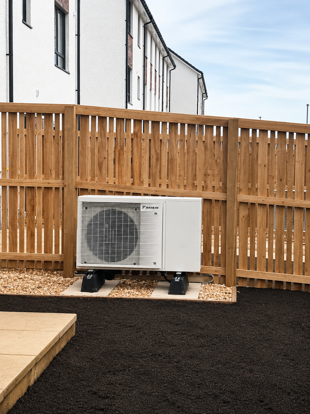 Daikin air source heat pump installed externally with anti-vibration mounts